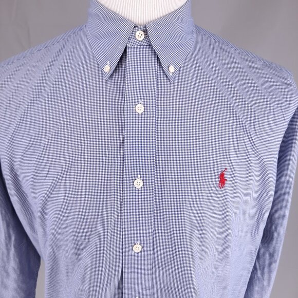 Ralph Lauren Red Pony Long Sleeve Blue Shirt Men's Size 16 32/33 Classic Fit - Picture 1 of 8